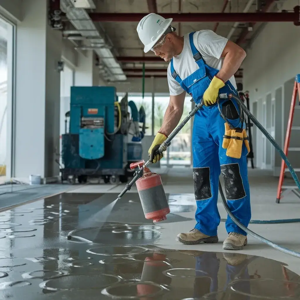 a man wearing a hard hat and overalls spraying liquid on the floor
