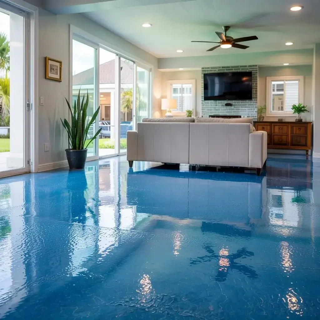 a blue shiny floor in a house